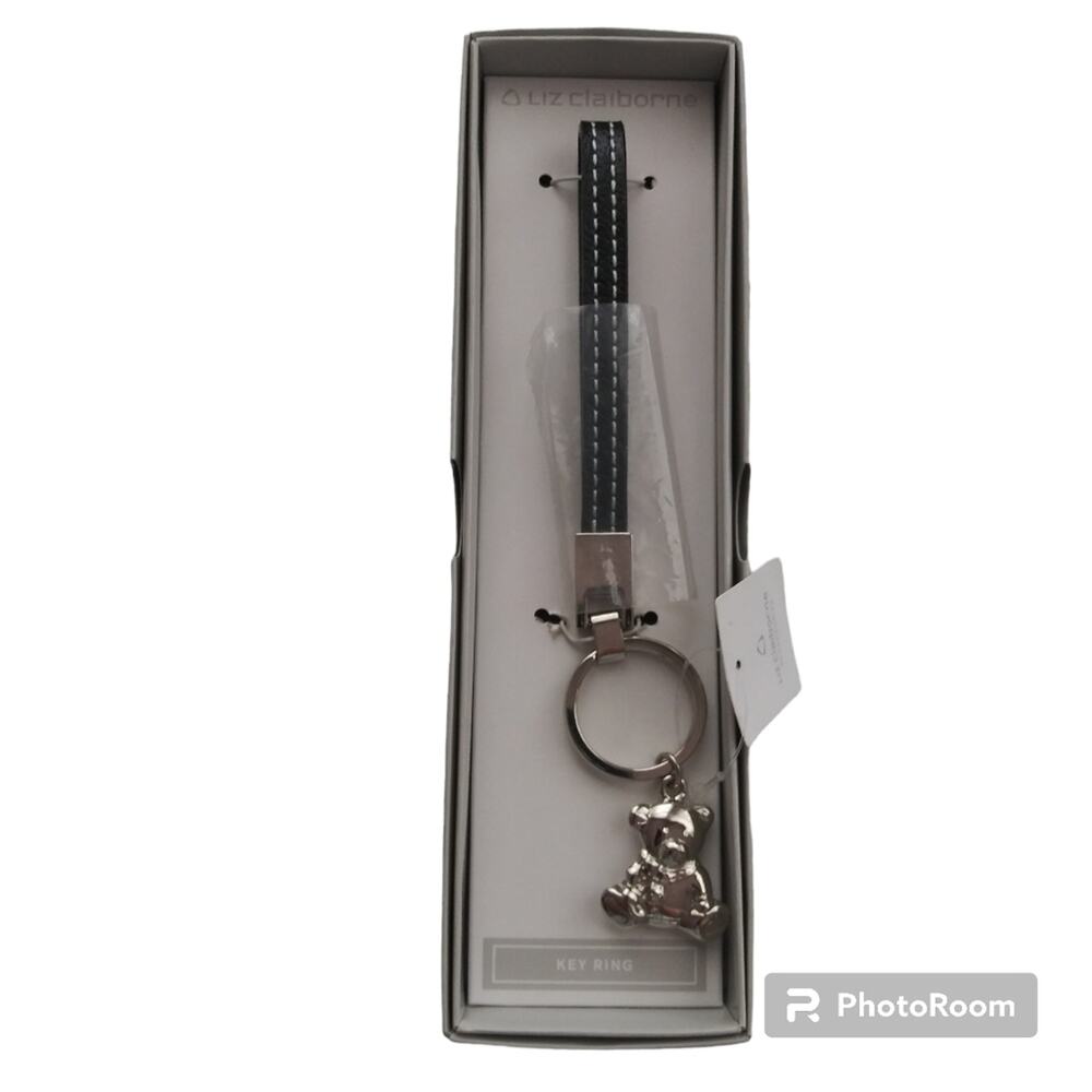 Liz Claiborne Silver Bear Keychain Leather Strap